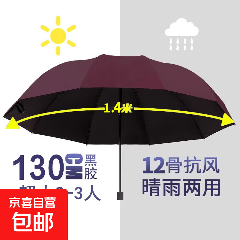 加固折叠雨伞手动结实耐用黑胶晴雨伞两用遮阳防晒学生雨伞 酒红-超大号130cm黑胶防晒款 12骨
