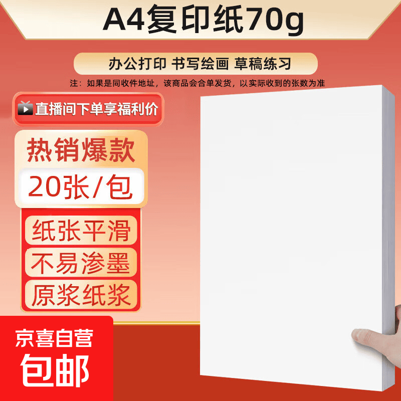 a4纸打印复印纸 70g办公A4白纸草稿纸学生作业用草稿本空白纸用品 A4打印纸/20张