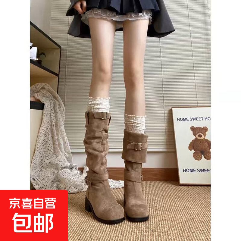 复古堆堆靴西部牛仔靴夏季2025新款高筒靴女靴子小个子卡其色长靴 卡其色 37