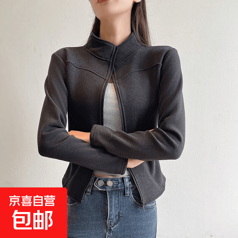羊羔绒外套女秋冬季立领卫衣外穿修身加绒加厚保暖瑜伽女装外套 深灰 XL 适合125-140斤