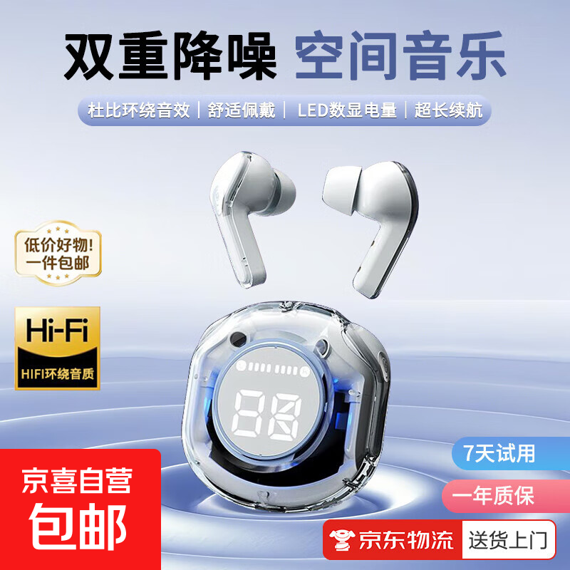 新款数显高颜值无线蓝牙耳机 运动入耳式透明机身 户外健身运动骑行高音质持久续航适用于苹果安卓 【琉璃机身-超清LED数显呼吸灯】天使白 升级款