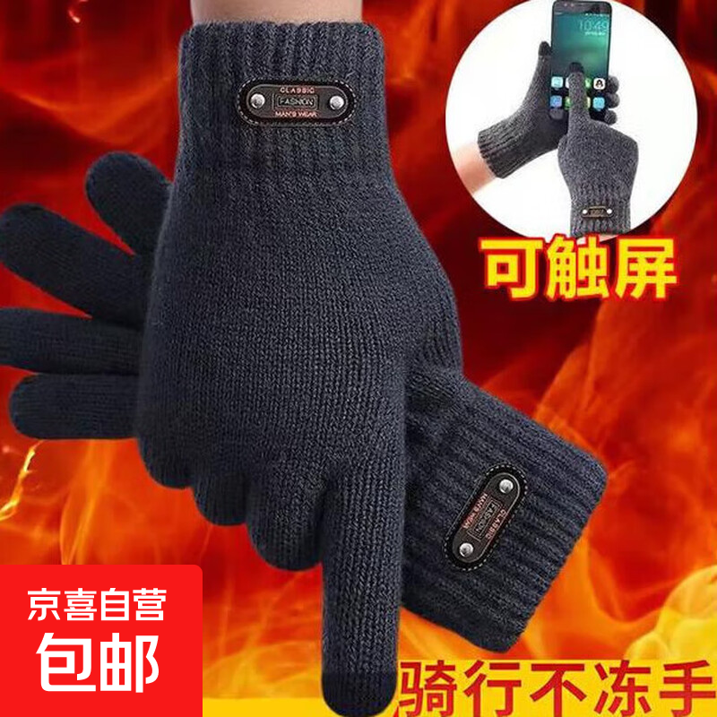 触屏手套男士冬季骑车防寒双层加厚加绒学生冬天保暖骑行骑车防冻 【内里加绒】黑色 均码