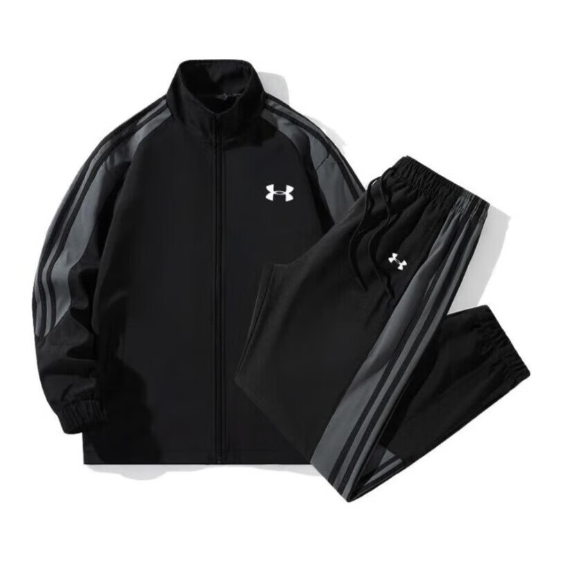 安德玛新款潮牌休闲运动套装男士2025秋季新款宽松百搭青少年学生两件套 黑色 4XL【建议180-190斤】