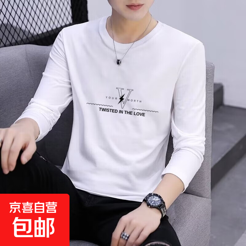 新款男士长袖T恤2025潮流ins印花圆领宽松帅气百搭休闲上衣衫-SL 【一件装】白色 3XL 【建议140-160斤】