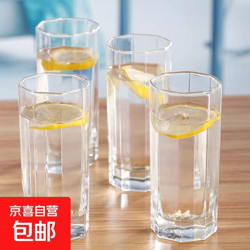 透明茶杯耐热玻璃直身杯四方杯八角杯简约防摔家用水杯果汁杯 高款八角杯190毫升 两只装