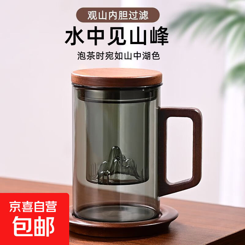 耐高温茶水分离杯玻璃茶杯胡桃把手观山杯家用水杯商务杯办公杯 【灰色】木把观山泡茶杯450ml