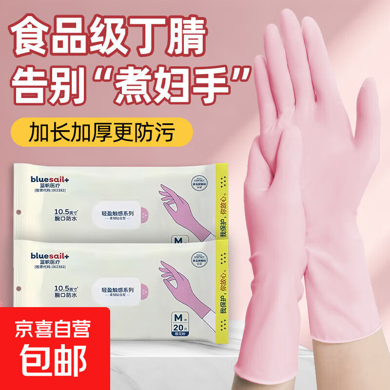 医用丁腈手套一次性丁晴乳胶橡胶手套医疗防护检查手术家务食品级 粉色丁腈【食品级】加长加厚20只/袋 M码（中号）
