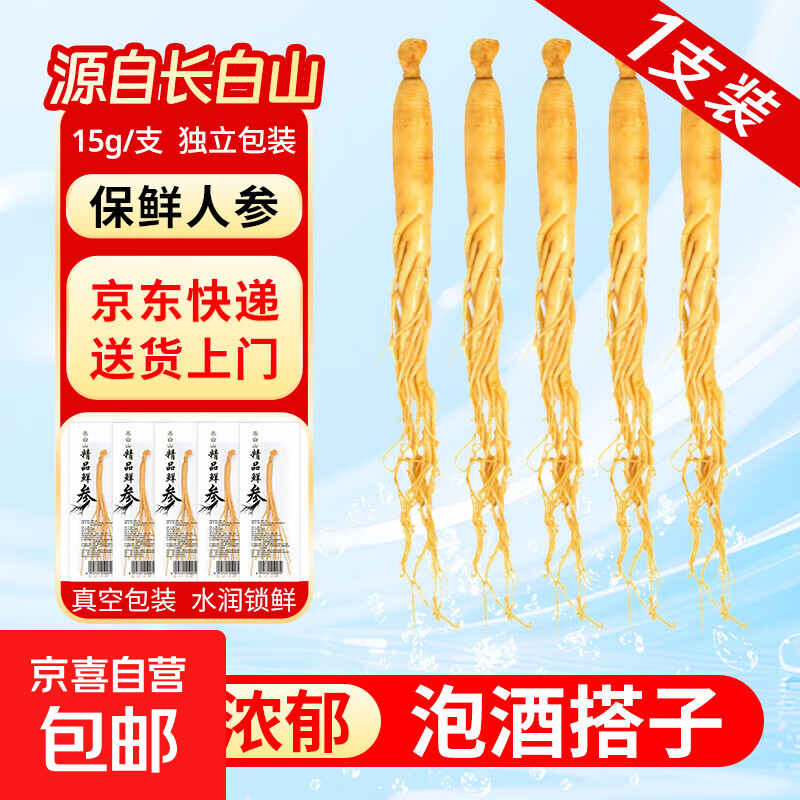 长白山人参鲜参独立包装1支/袋 保鲜参泡酒 东北特产新鲜人参煲汤 保鲜参15g*1支（1支/袋）