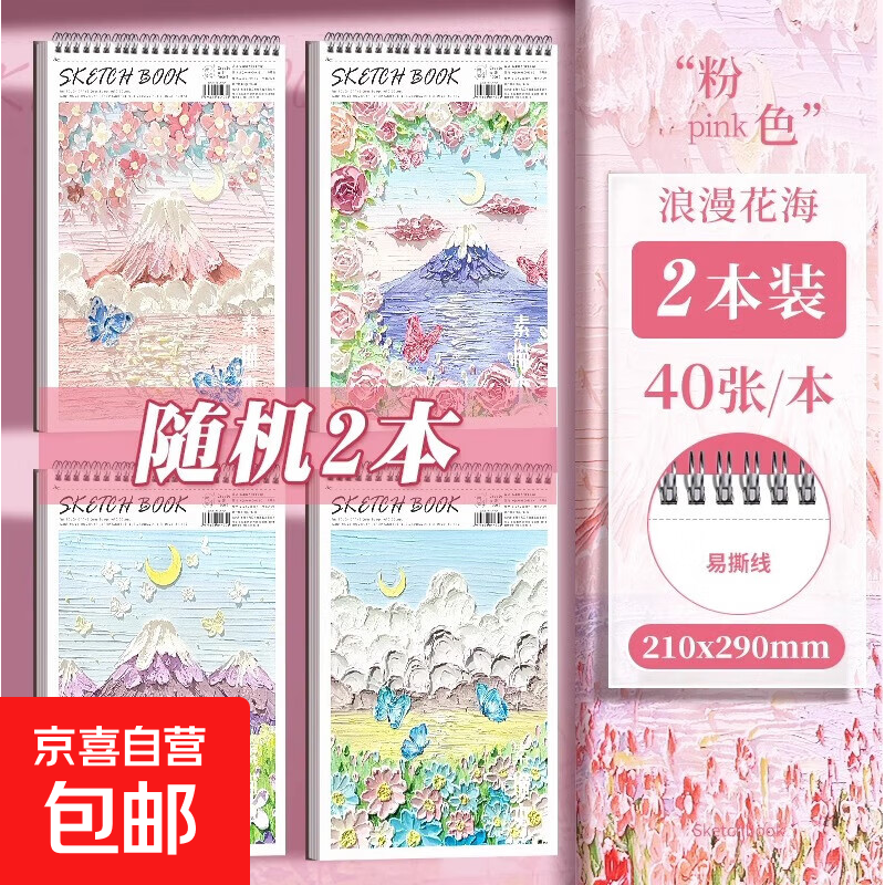 素描本a4速写本美术生专用画画本小学生加厚绘画本高颜值写生素描纸本儿童幼儿园线圈图画本美术 A4-2本 浪漫花海（40张/本）