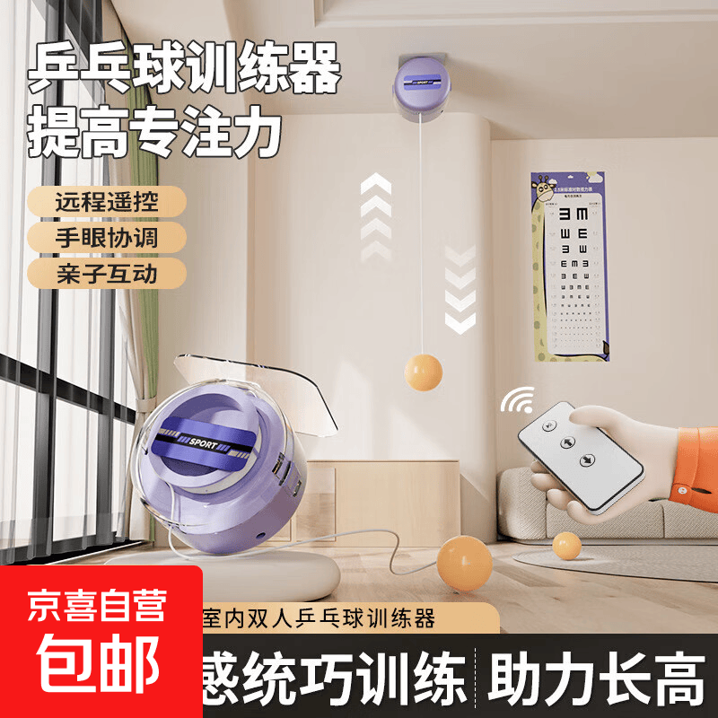 乒乓球训练器悬挂式儿童训练器亲子互动室内注意力益智单人训练球 遥控升降【6球装-儿童双拍】