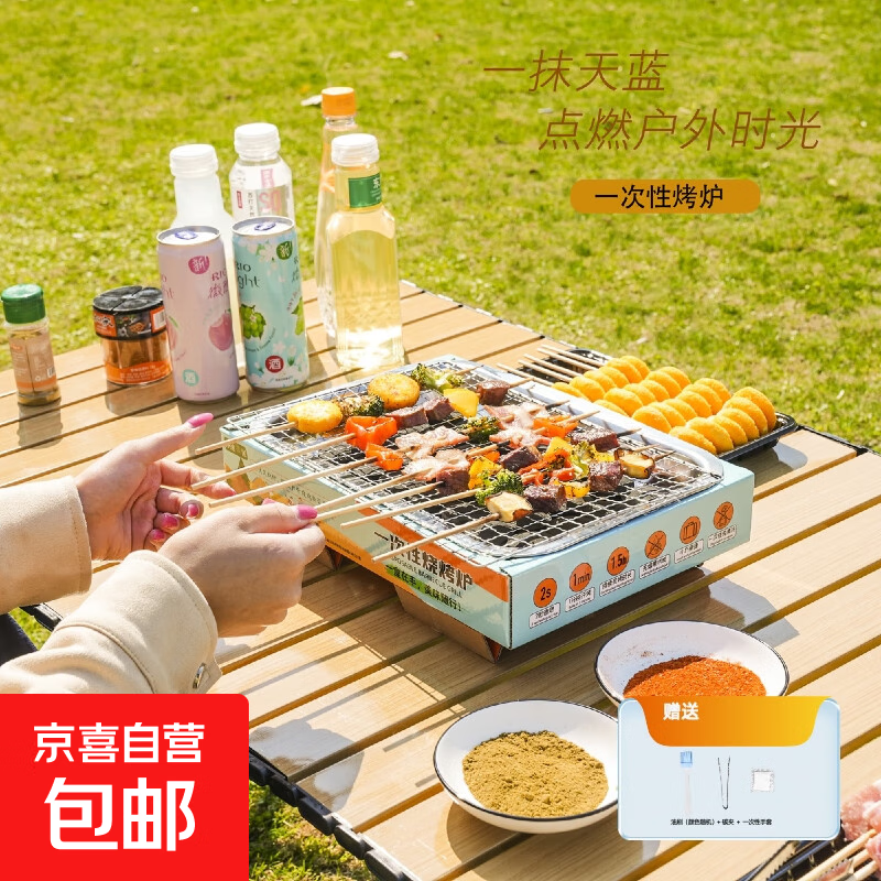 一次性烧烤炉户外野餐无烟家用碳烤炉露营烧烤架木炭烤肉炉室内 天蓝色单层50碳+油刷+碳夹+手套 32*22*5.5