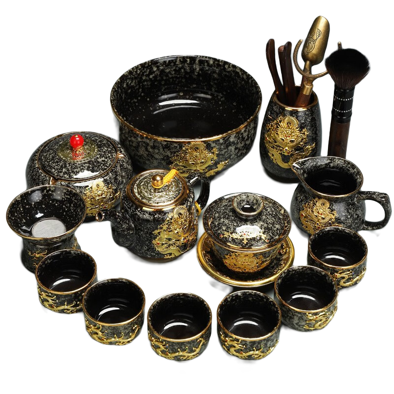 器美优品 建盏镶鎏金茶具套装曜变天目釉功夫茶具陶瓷茶壶茶杯整套礼品盒 9款祥龙镶金建盏黑釉茶具14入