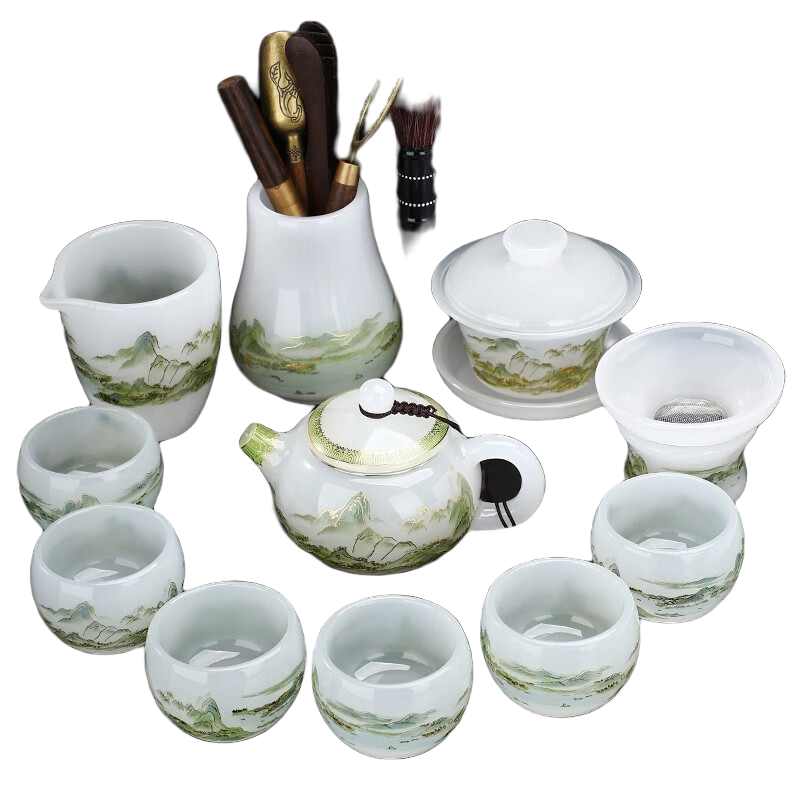 器美优品 茶具 珐琅彩琉璃茶具套装玉瓷加厚盖碗茶杯公道杯整套茶具茶道 千里江山琉璃茶具套组 12头