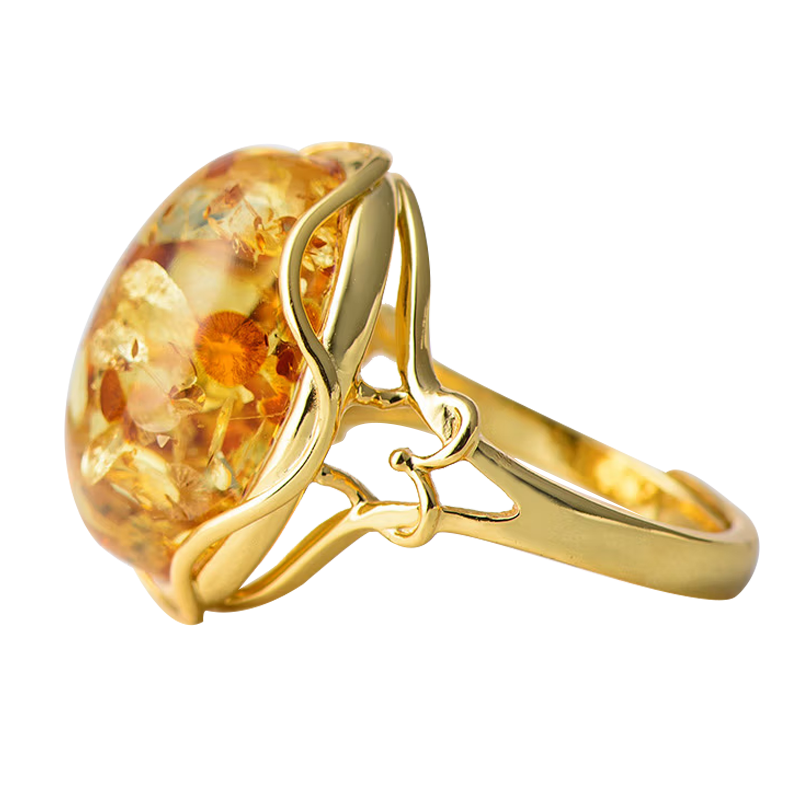 嘉樂琥珀戒指女戒花珀天然925銀鍍金可調(diào)節(jié)大界面綠珀琥珀生日禮物 花珀戒指約5克/4186