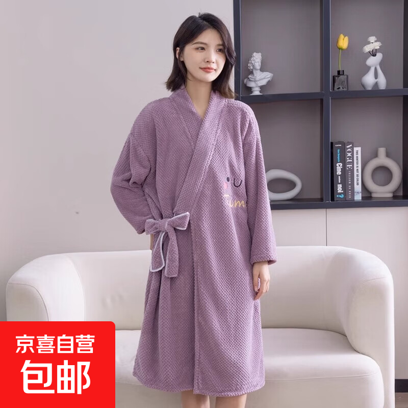 浴袍式浴巾女新款家用比纯棉全棉吸水不掉毛大人浴裙可穿洗澡裹巾 酱紫色【加厚长袖】80-180斤可穿 140cm*90cm
