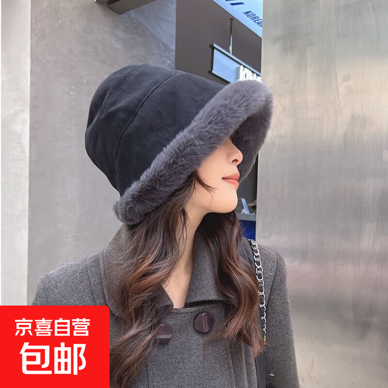 毛绒渔夫帽女冬季户外东北帽加绒加厚百搭保暖护耳日系优雅盆帽 黑色【新款蒙古帽】 均码【M54-58】
