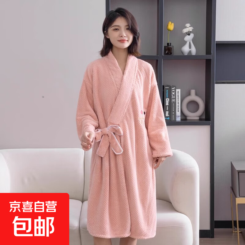 浴袍式浴巾女新款家用比纯棉全棉吸水不掉毛大人浴裙可穿洗澡裹巾 皮粉色【加厚长袖】80-180斤可穿 140cm*90cm