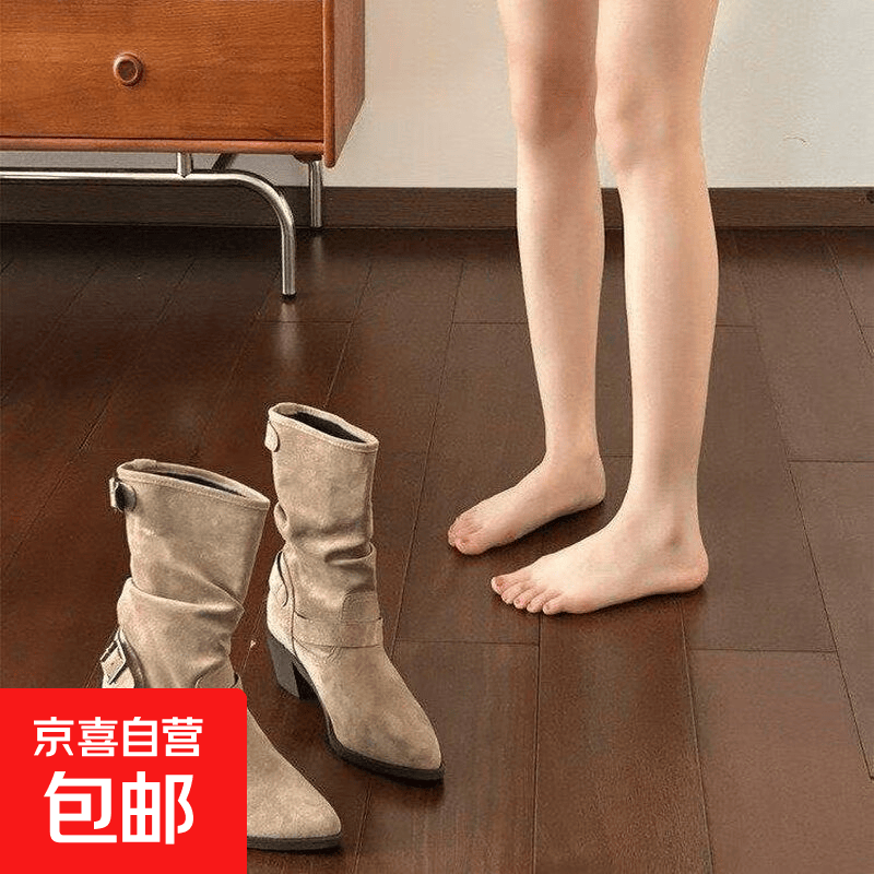 高跟靴子短靴女2025秋冬季新款复古中筒骑士靴绒面磨砂西部牛仔靴 卡其色 37