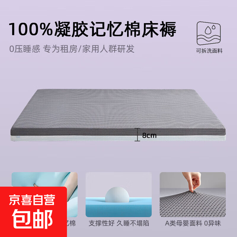红豆凝胶记忆棉床垫遮盖物1.5x2米榻榻米学生宿舍单双人薄床褥子 奢睡款-灰色【厚约8cm】 双人床：180x200cm