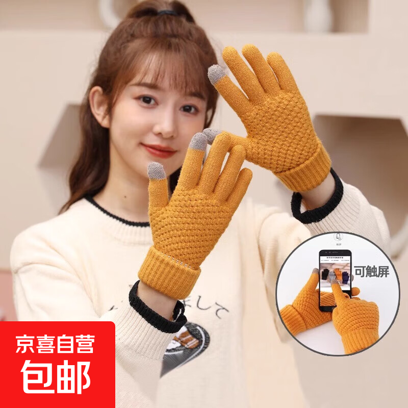 触屏手套男女通用冬季可爱骑行保暖防寒韩版加绒加厚五指针织手套 ST05保暖手套1双【颜色随机】