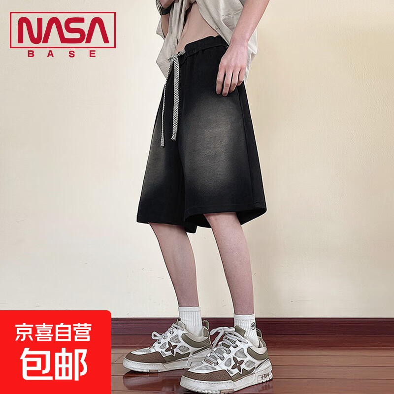 NASA BASE工装牛仔短裤男夏季薄款复古直筒中裤男生大码宽松裤子 JYF-H20黑色 5XL