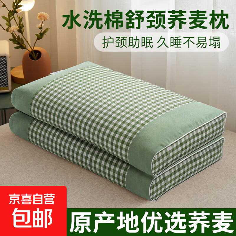 荞麦枕头枕芯100%全棉纯荞麦皮壳睡眠家用成人护颈枕硬枕高枕 特级高山荞麦壳 双拼豆绿单只