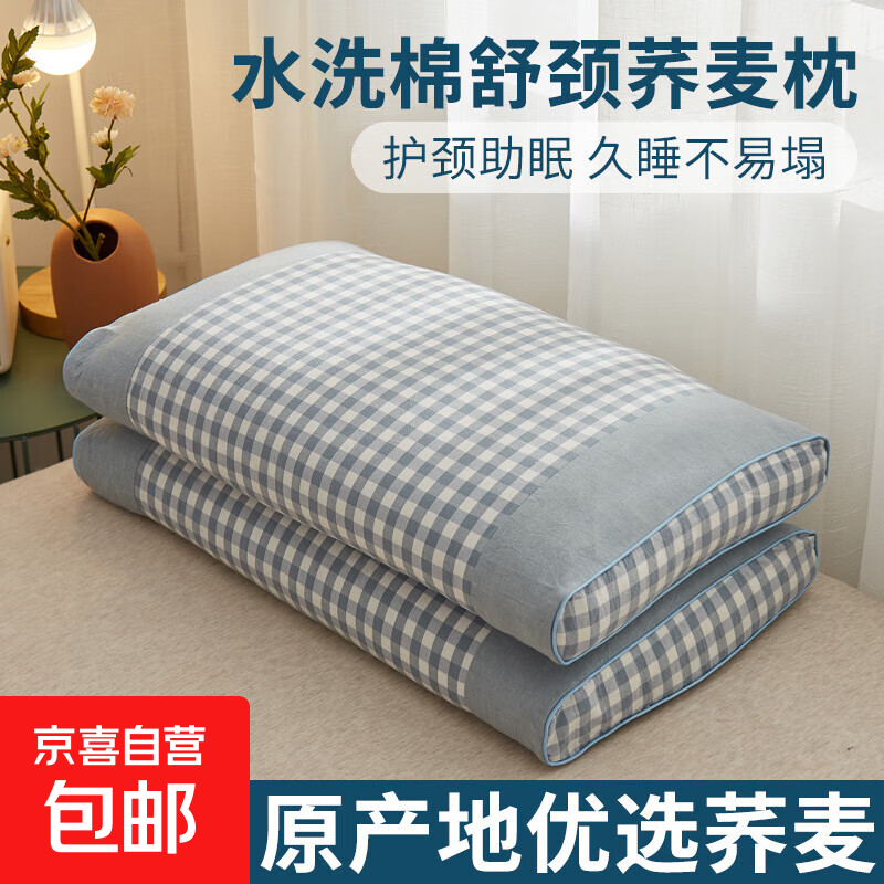 荞麦枕头枕芯100%全棉纯荞麦皮壳睡眠家用成人护颈枕硬枕高枕 特级高山荞麦壳 双拼浅蓝单只