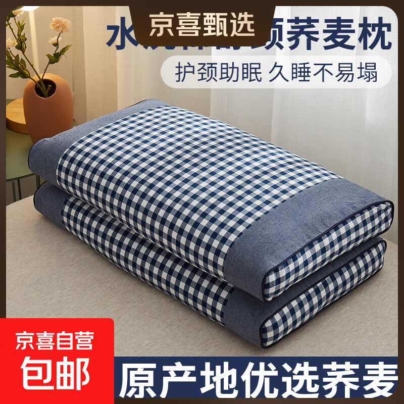 荞麦枕头枕芯100%全棉纯荞麦皮壳睡眠家用成人护颈枕硬枕高枕 特级高山荞麦壳 双拼深蓝单只