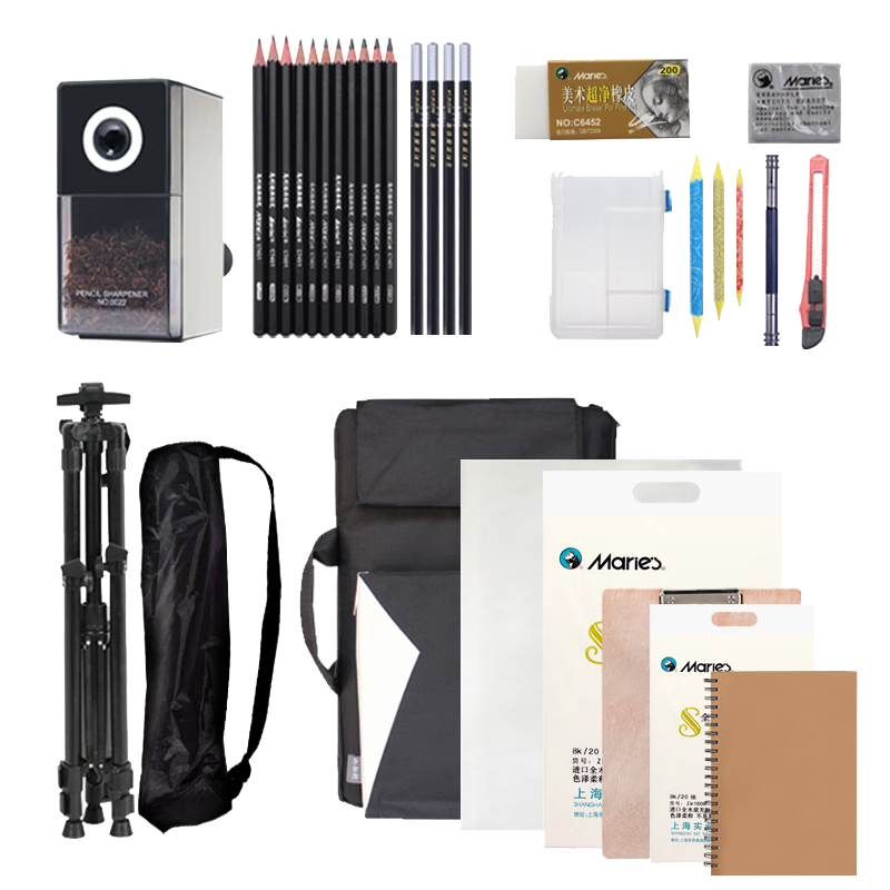 馬利（Marie's） 素描鉛筆工具全套裝 畫(huà)板畫(huà)架畫(huà)畫(huà)美術(shù)生專(zhuān)用專(zhuān)業(yè)初學(xué)者繪畫(huà)全套畫(huà)包支架寫(xiě)生炭筆 進(jìn)階套裝【筆盒+4K黑色畫(huà)袋+4K實(shí)木畫(huà)板】 套裝搭配