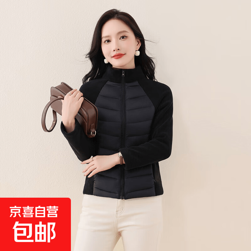 新款秋冬轻薄棉衣外套女显瘦洋气内胆保暖立领运动户外拼接款棉服 黑色 XL 105-120斤