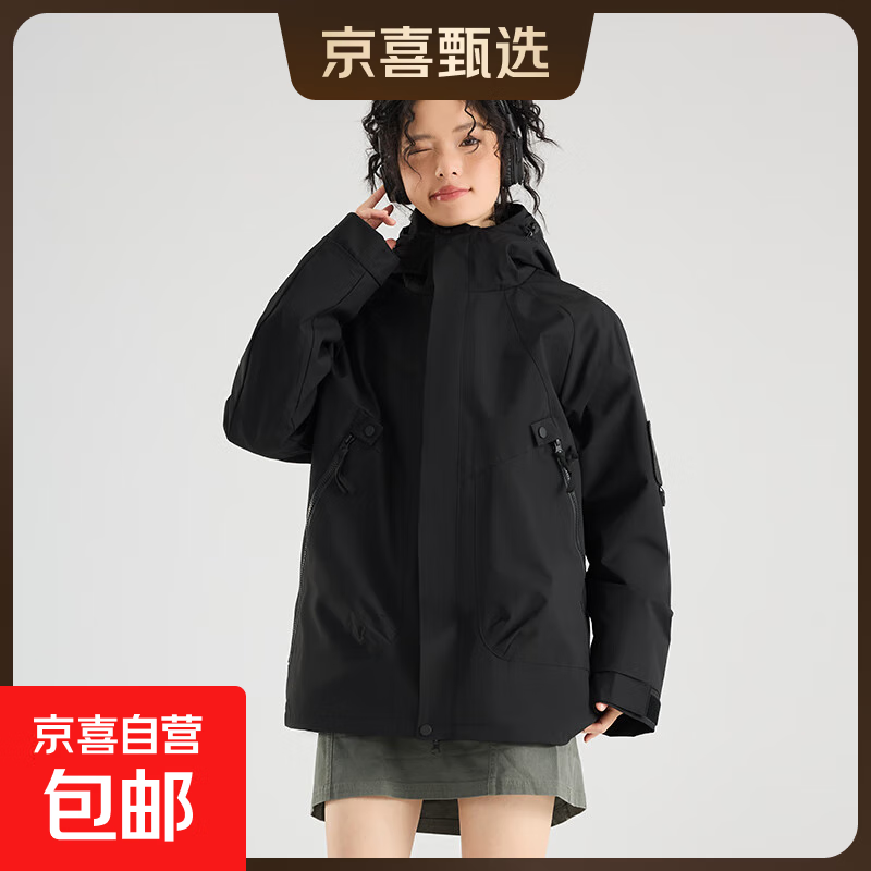 【骆驼同款】2025新款夹克男女款户外工装防风防水冲锋衣宽松外套 黑色 L 建议男135-150斤女130-145斤