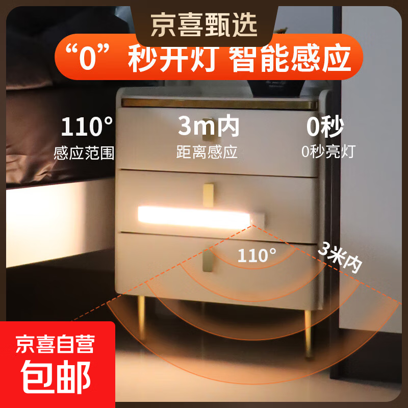 感应灯带无线光感人体感应开关衣柜鞋柜床头柜感应灯条橱柜感应灯 银灰色 10CM-感应-常亮-三色-充电