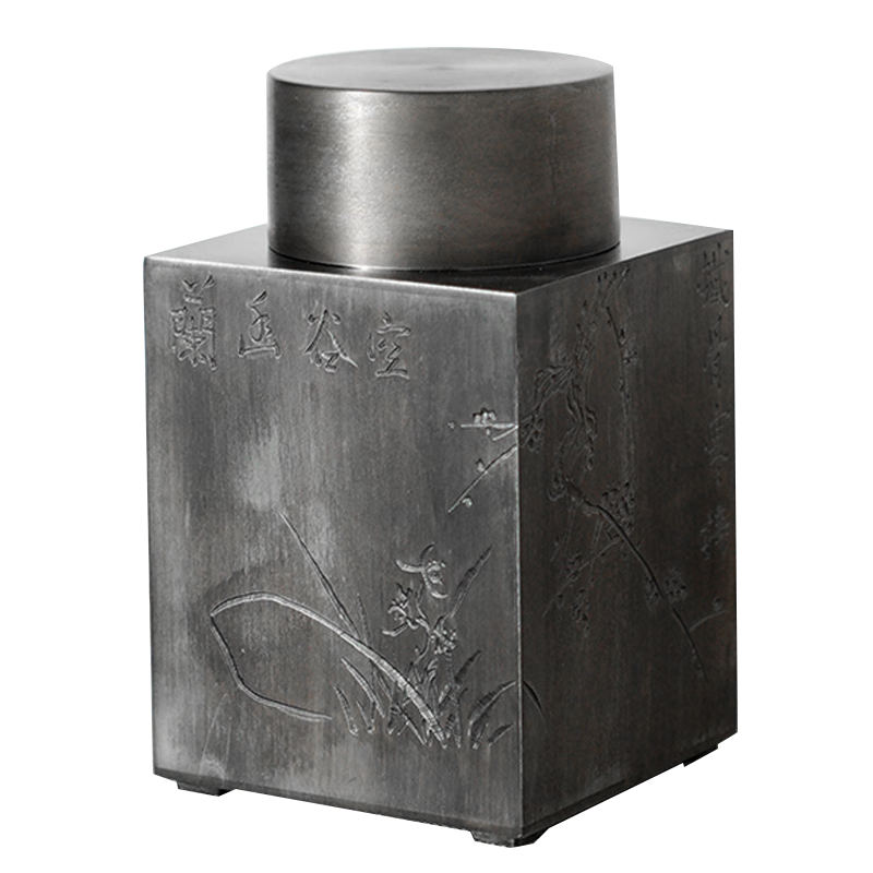 斑錫·龍四方君子茶倉錫罐純錫茶葉罐復(fù)古手工刻畫方罐個(gè)舊錫器