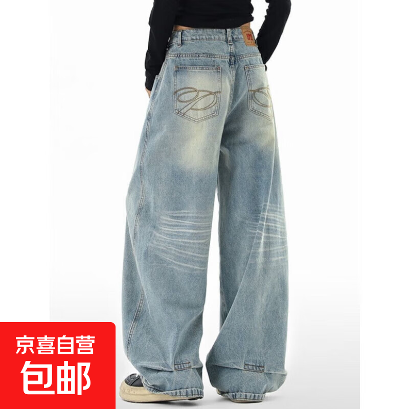 美式复古刺绣弯刀裤牛仔裤女秋高腰宽松直筒阔腿拖地镰刀长裤子 浅蓝色 M
