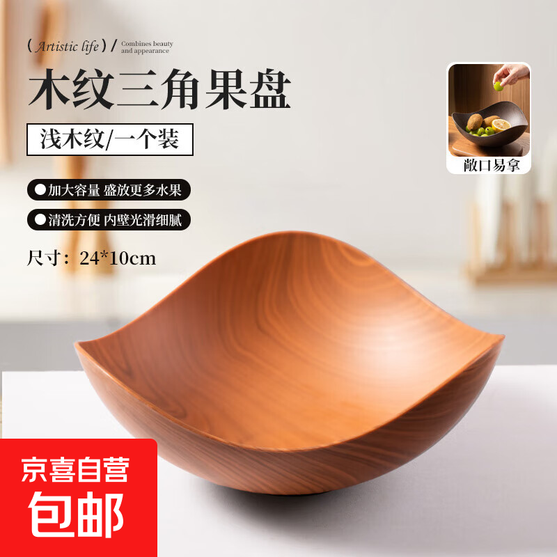 星禄仿木纹水果盘高颜值家用客厅零食干果收纳盘子中式糖果点心碗 24cm-木纹三角果盘【浅色】1个装