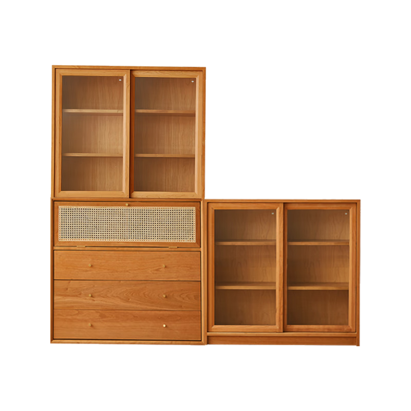 良工全實(shí)木書(shū)柜櫻桃木日式藤編收納客廳玻璃門(mén)自由組合格子柜中古風(fēng) 櫻桃木移門(mén)高柜