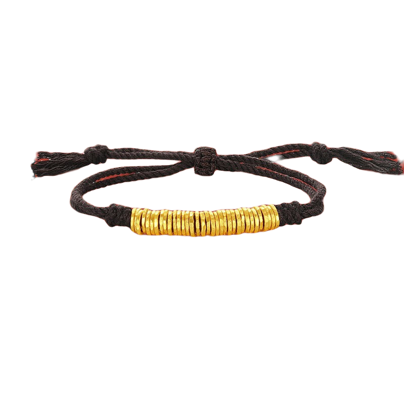 潮宏基 盤(pán)纏金古法黃金手鏈女錘紋足金手飾送男女友生日禮物 計價(jià) 5.25g 黑棕色繩長(cháng)約15cm+