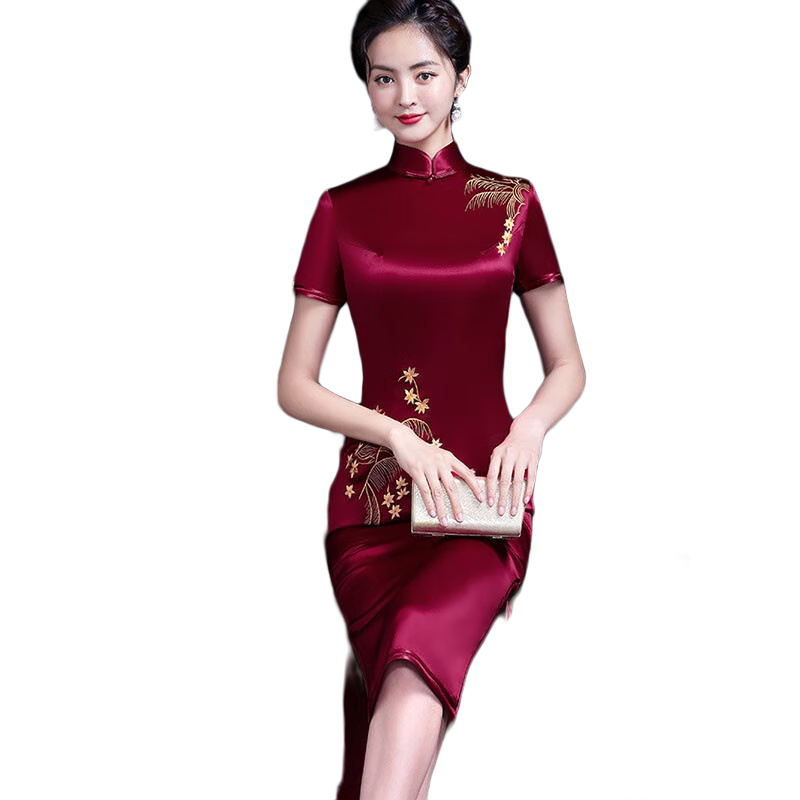 玫芙娜旗袍春夏改良時(shí)尚旗袍婚慶修身媽媽裝婚宴刺繡喜婆婆婚宴時(shí)尚禮服 酒紅色 20490 M