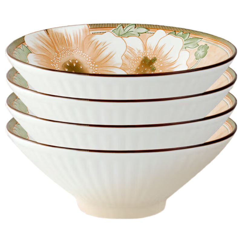 传旗陶瓷面碗8英寸宽口斗笠碗陶瓷大碗汤碗拉面碗泡面碗4只装 山茶花