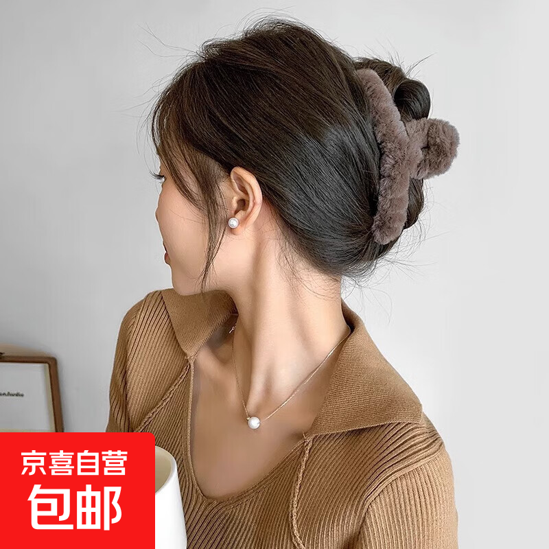 毛毛抓夹大号发量多头饰秋冬新款后脑勺发夹发抓鲨鱼夹发饰女 深咖