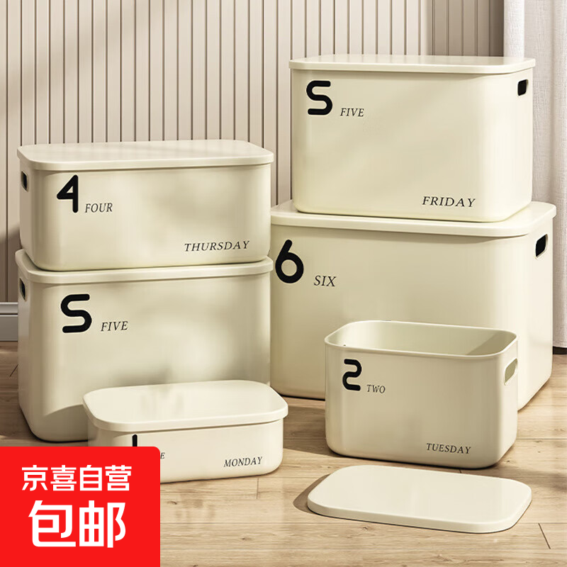 收纳盒桌面杂物篮玩具零食衣物家用塑料带盖置物筐整理箱储物盒子 25*18*15.6cm 2号高款中号 奶油风 1个 有盖贴纸款