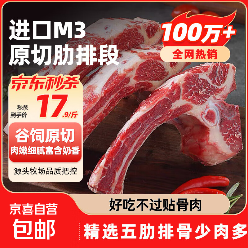 进口谷饲M3原切五肋排带骨牛肉牛排骨新鲜牛肉夏季火锅生鲜食材 谷饲M3原切牛肋排2斤 MS1