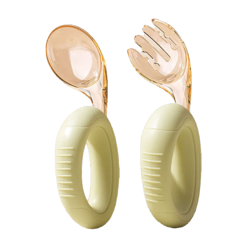 COOKSS儿童勺子宝宝学吃饭PPSU叉勺弯头婴儿硅胶短柄训练辅食勺