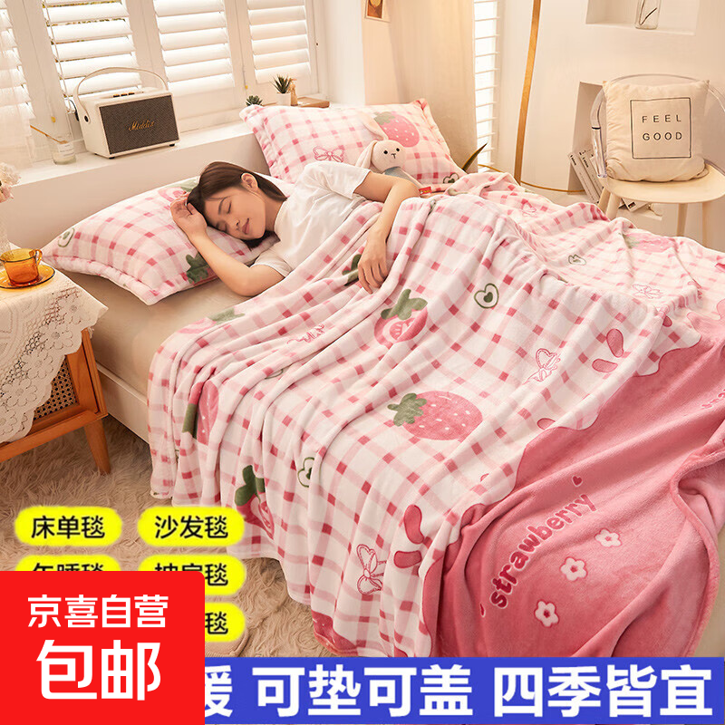 加厚珊瑚绒毯子牛奶绒毛毯可铺可盖双人单人四季毯子空调毯学生床 草莓格子【可铺可盖】 150*200cm毛毯【加厚贴身 舒适透气】
