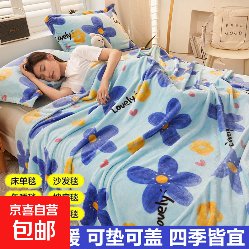 加厚珊瑚绒毯子牛奶绒毛毯可铺可盖双人单人四季毯子空调毯学生床 【梦幻花田蓝】【可铺可盖】 150*200cm毛毯【加厚贴身 舒适透气】