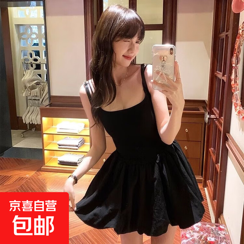 芭蕾风白色吊带连衣裙女夏季新款收腰a字裙子小个子蓬蓬花苞短裙 黑色 L