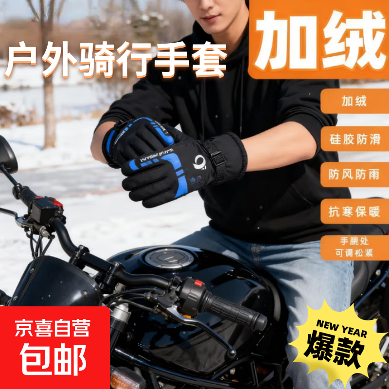 骑行手套防水防风防寒触屏电动车摩托车开车加绒保暖手套男女冬季 【防风保暖】黑蓝色*1 均码通用