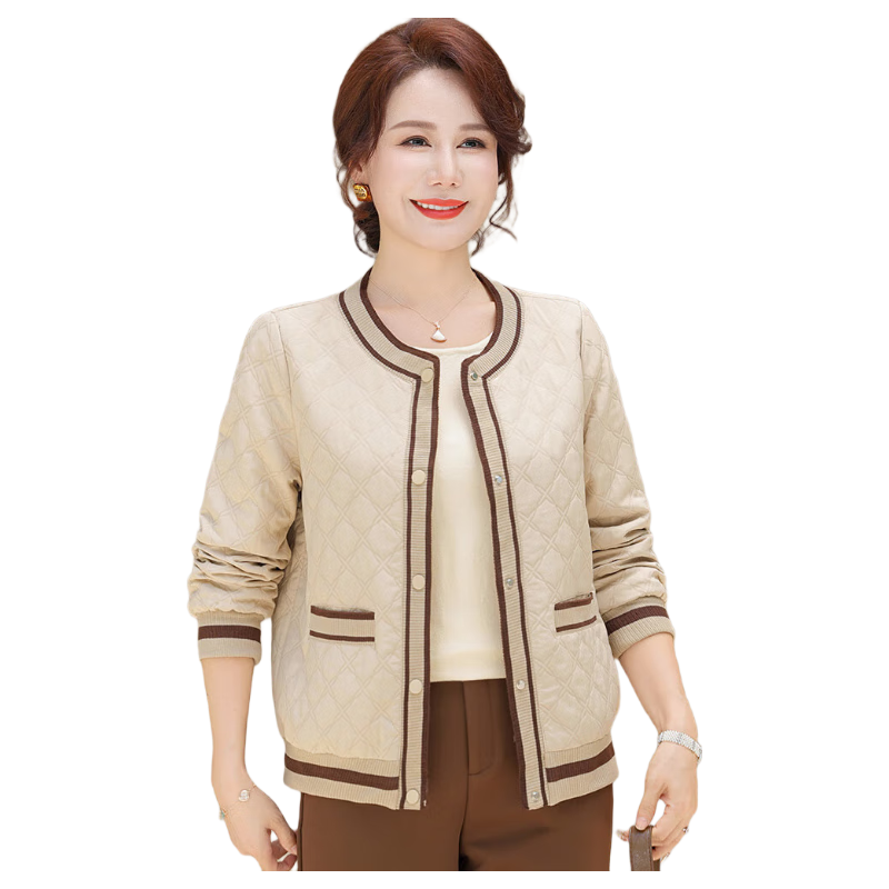 兰铂丽斯中年妈妈装短款休闲外套女春秋季新款气质婆婆长袖夹棉轻薄棉衣 米色 XL （建议85-105斤）