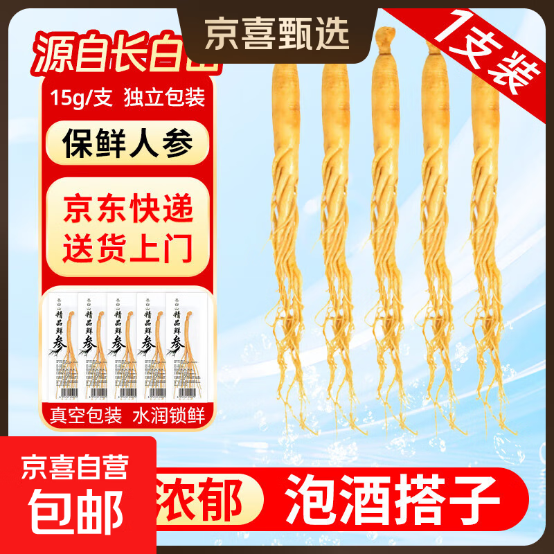 长白山人参鲜参独立包装1支/袋 保鲜参泡酒 东北特产新鲜人参煲汤 保鲜参15g*1支（1支/袋）