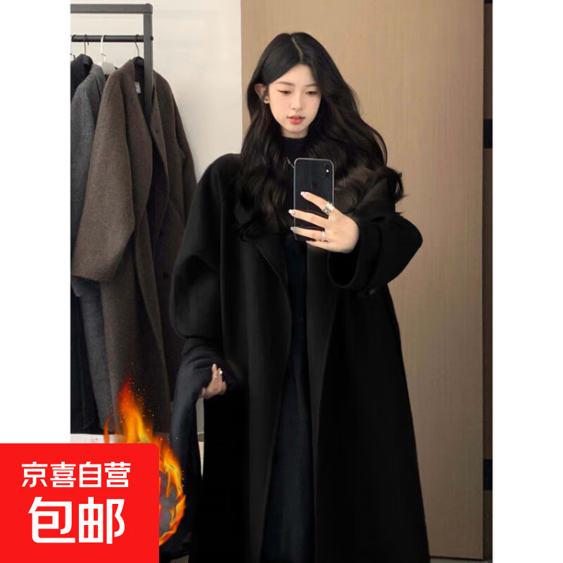 呢子大衣女2025秋冬新款韩系感好看的赫本风气质加厚毛呢外套大衣 黑色【夹棉】 M